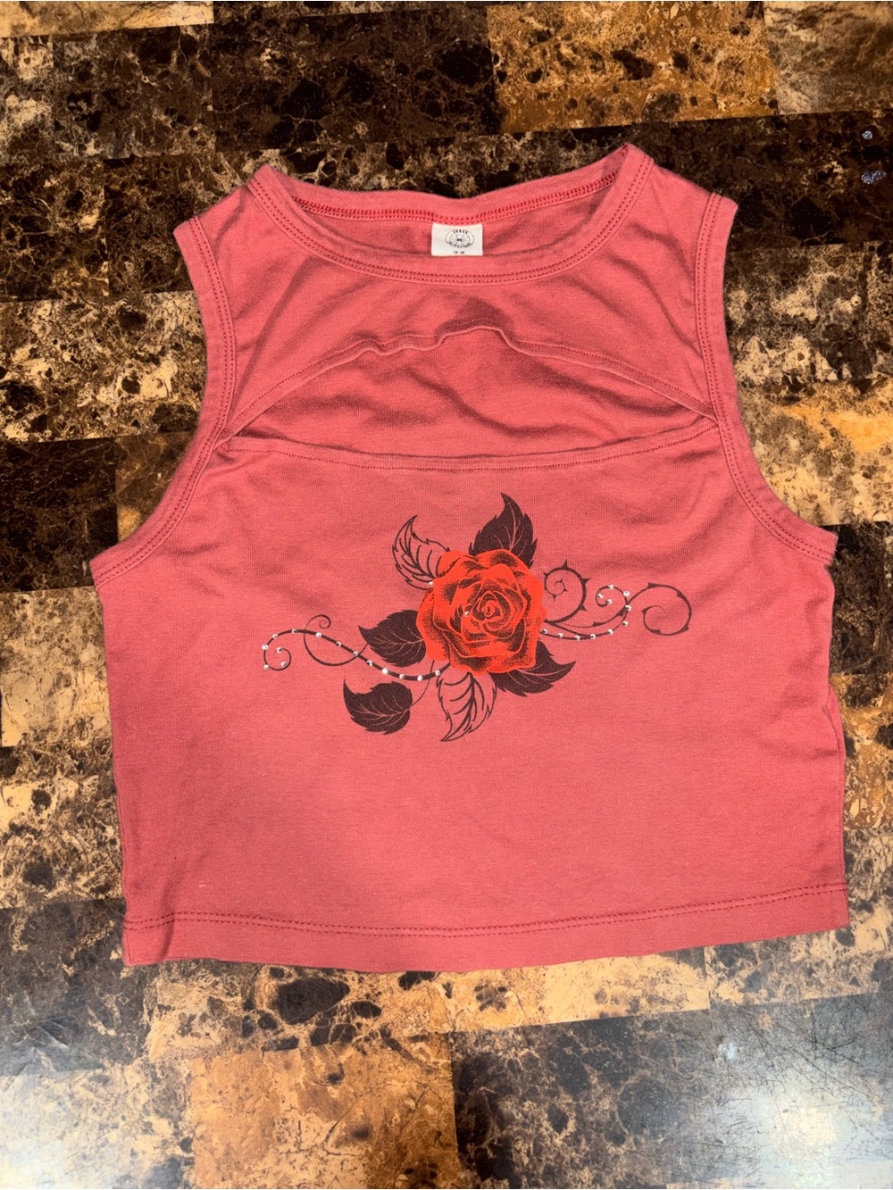 Urban Outfitters Coral Rose Graphic Chest Cutout Tank - Coral